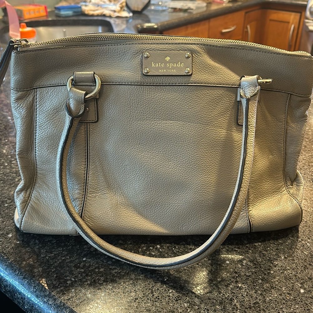 Kate Spade Large Gray Genuine Pebbled Leather Satchel Top Handle Bag
